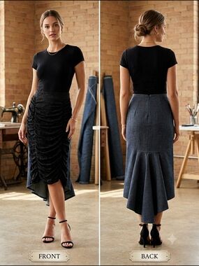 Movimenti Black Lace and Dark Blue High-Low Ruched Denim Skirt